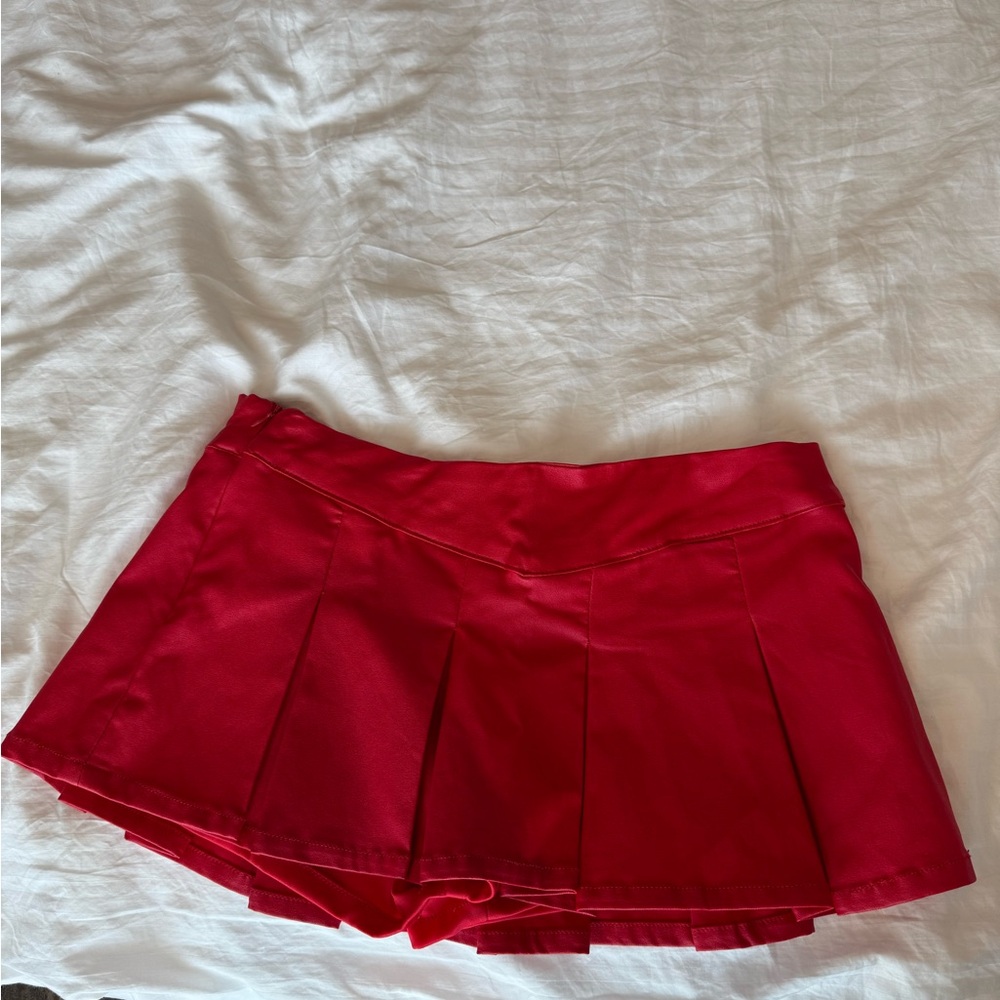 Red Pleated/Pleather Mini Skort